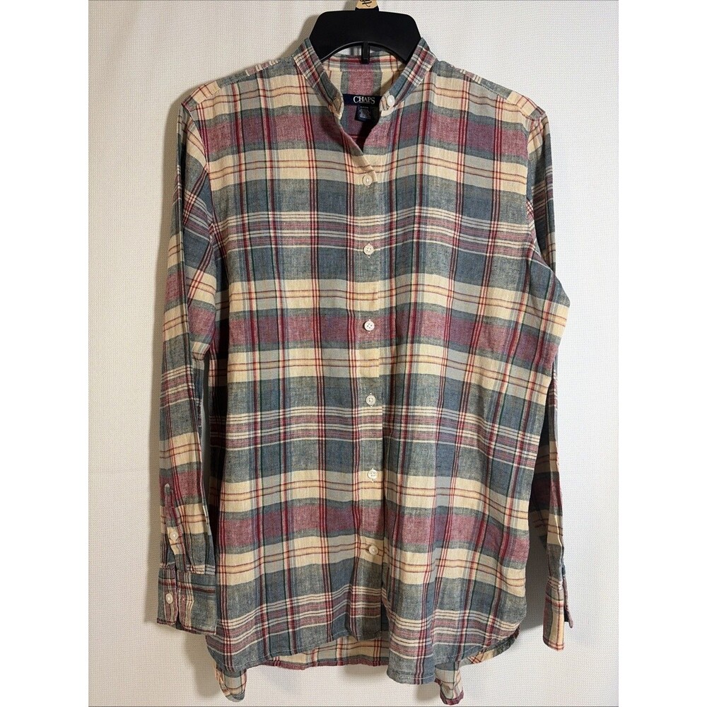 Chaps Women’s Small Island Sun Linen Blend Plaid Button Shirt Band Collar